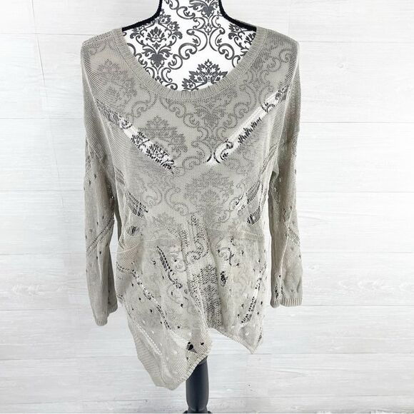 Bohemia Distressed Linen Blend Asymmetrical Scoop Neck Sweater - Picture 1 of 8